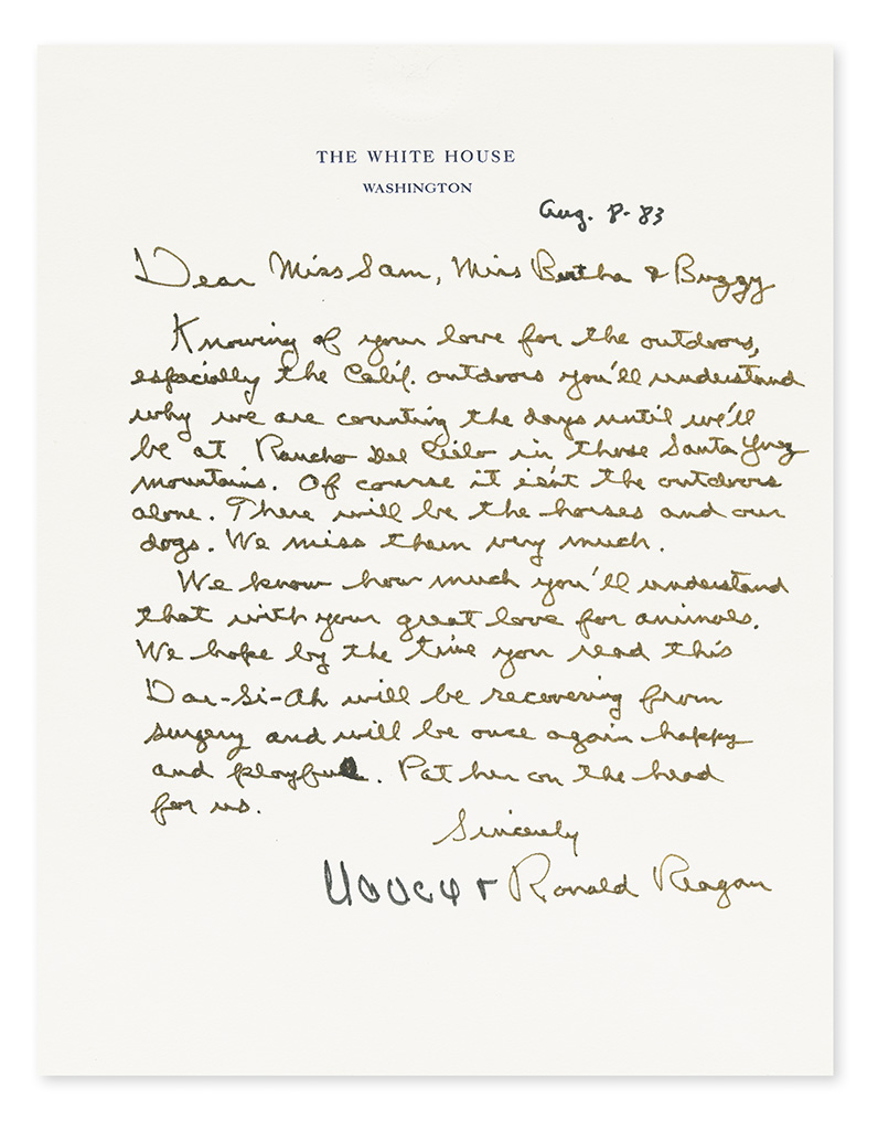 REAGAN, RONALD; AND NANCY. Autograph Letter Signed, by both (Nancy and Ronald Reagan), as President and First Lady, to Dear Miss S